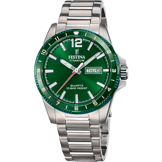 Festina Titanium F20698/3 Herrenuhr Grün • Titangehäuse & Titanarmband • 10 ATM