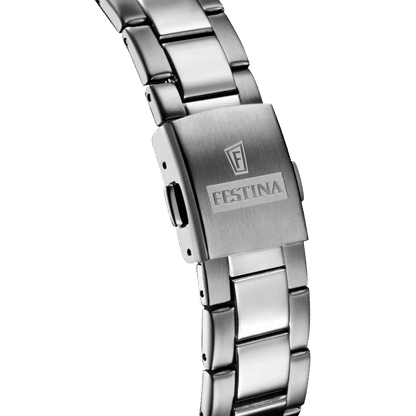 Pulsera de hombre, vista trasera con grabado en la caja y brazalete de eslabones metálicos