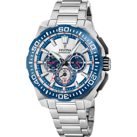 Herren-Armbanduhr mit silbernem Edelstahlband und blauem Chronograph-Zifferblatt