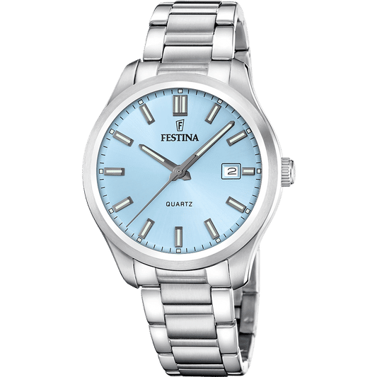 Festina Herrenarmbanduhr mit silbernem Metallband, hellblauem Zifferblatt und Quarz