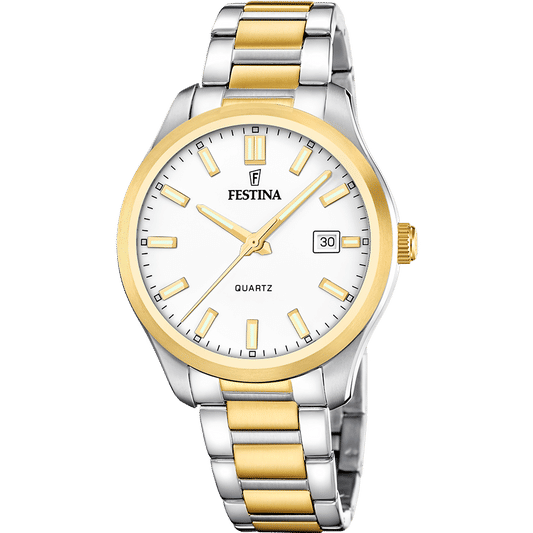 Festina Herrenuhr: weißes Zifferblatt, gold-silbernes Metallband, Datumsfenster, Quarz