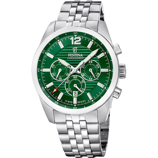 Festina Chronograph Herrenarmbanduhr mit grünem Zifferblatt und Edelstahlarmband