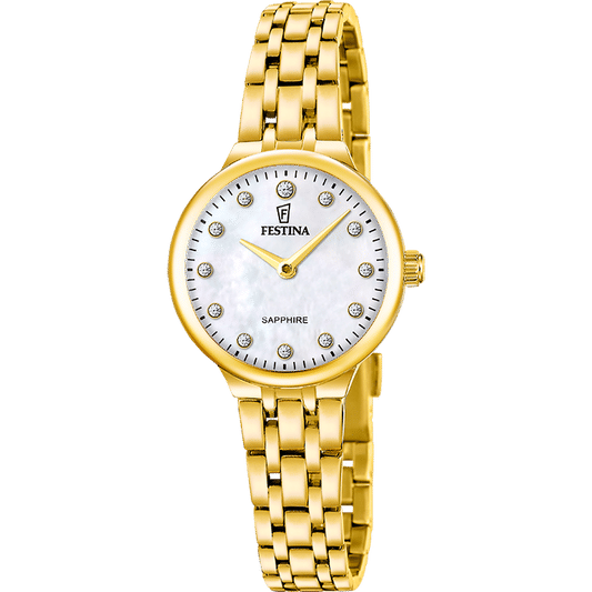 Festina Damenarmbanduhr mit Perlmutt-Zifferblatt und goldfarbenem Edelstahlarmband