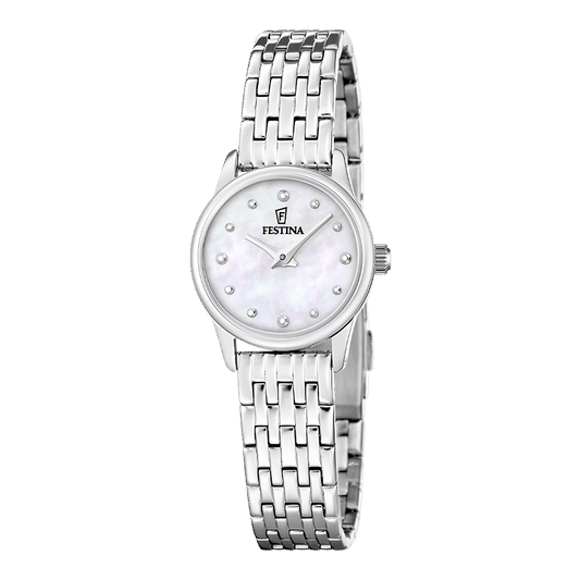 Festina Damenarmbanduhr mit Perlmutt-Zifferblatt und Edelstahl-Gliederband, rundem silbernem Gehäuse