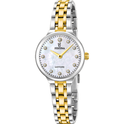 Festina Mademoiselle Damen-Armbanduhr: silber-/goldfarbenes Edelstahlband, weißes Ziffernblatt