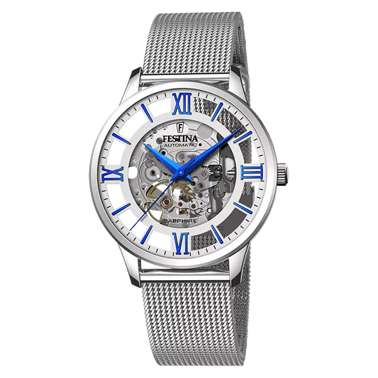 Herrenarmbanduhr Festina mit silbernem Meshband, skelettiertem Zifferblatt und blauen Indexen, Saphirglas