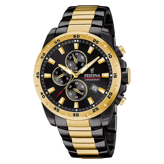 Herren-Chronograph mit schwarzem Zifferblatt, goldfarbenem Edelstahlarmband und Chrono-Details