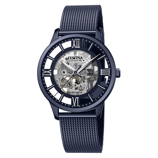 Herrenuhr mit Automatikwerk, blauem Meshband und Skelettzifferblatt mit römischen Ziffern