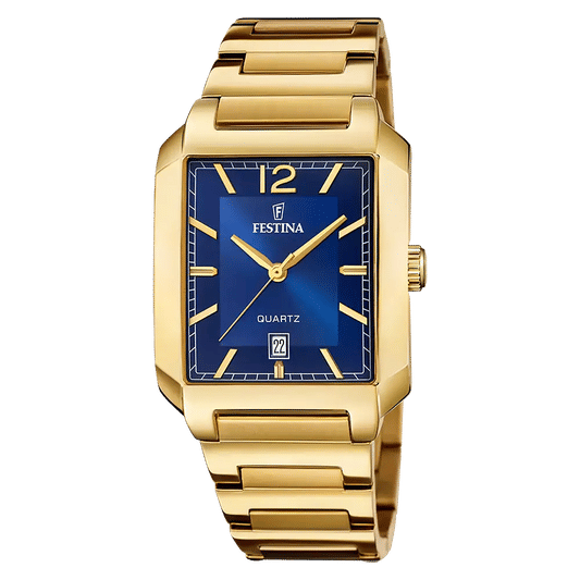 Herrenarmbanduhr mit goldenem Edelstahlarmband und blauem Zifferblatt, Datumsfenster