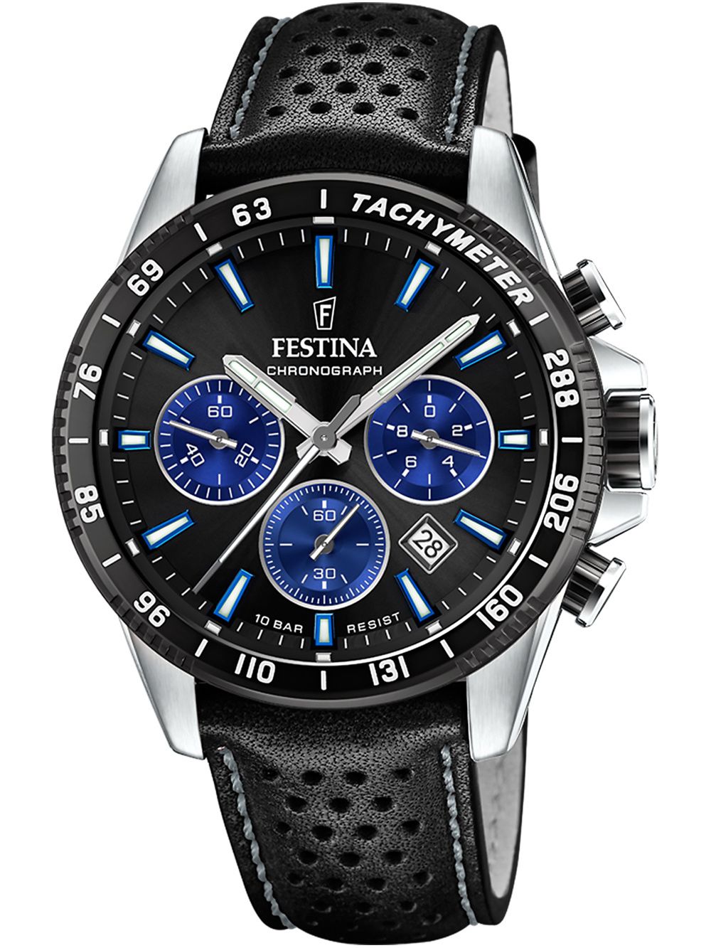 Męski zegarek FESTINA Chronograph z czarną tarczą i skórzanym paskiem, niebieskie tarcze pomocnicze