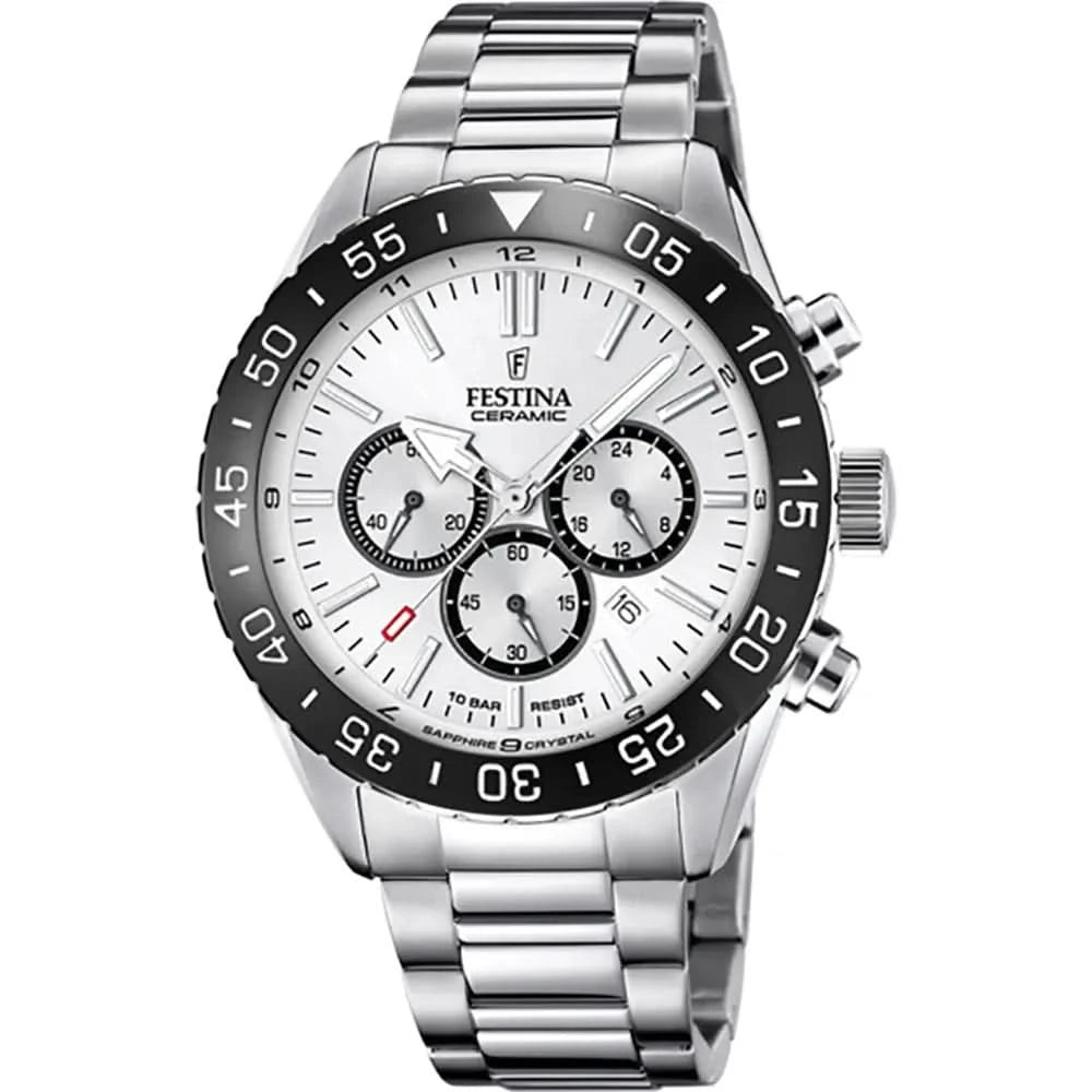 Pulsera de hombre con correa de acero inoxidable, esfera blanca y bisel de cerámica negra