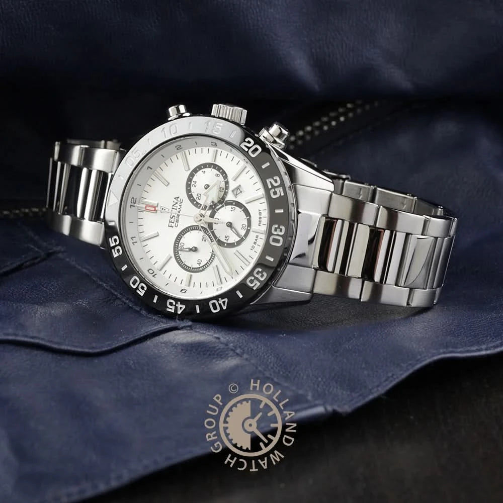 Pulsera de hombre con correa de acero inoxidable y bisel de cerámica negra, esfera blanca