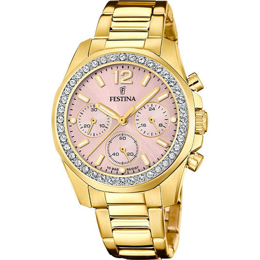 Festina Damenuhr mit rosafarbenem Zifferblatt, Edelstahlband und Chronograph-Subzifferblättern