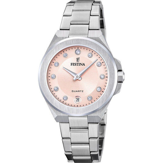 Festina Mademoiselle Damenarmbanduhr: rosa Zifferblatt, silbernes Edelstahlband, rundes Gehäuse
