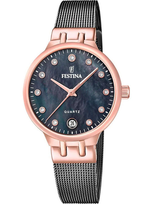 Festina Damenuhr mit roségoldfarbener Lünette und schwarzem Zifferblatt, Milanaiseband