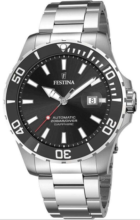 Festina Herren-Diver-Uhr: schwarzes Zifferblatt, Edelstahlband und geriffelte Lünette