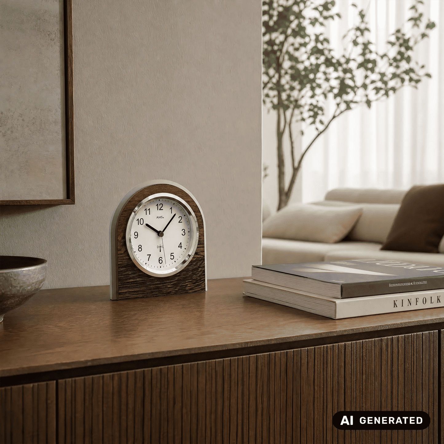 Tischuhr mit Wildeiche-Holzrahmen und silberner Einfassung, weißes Zifferblatt mit schwarzen Zahlen