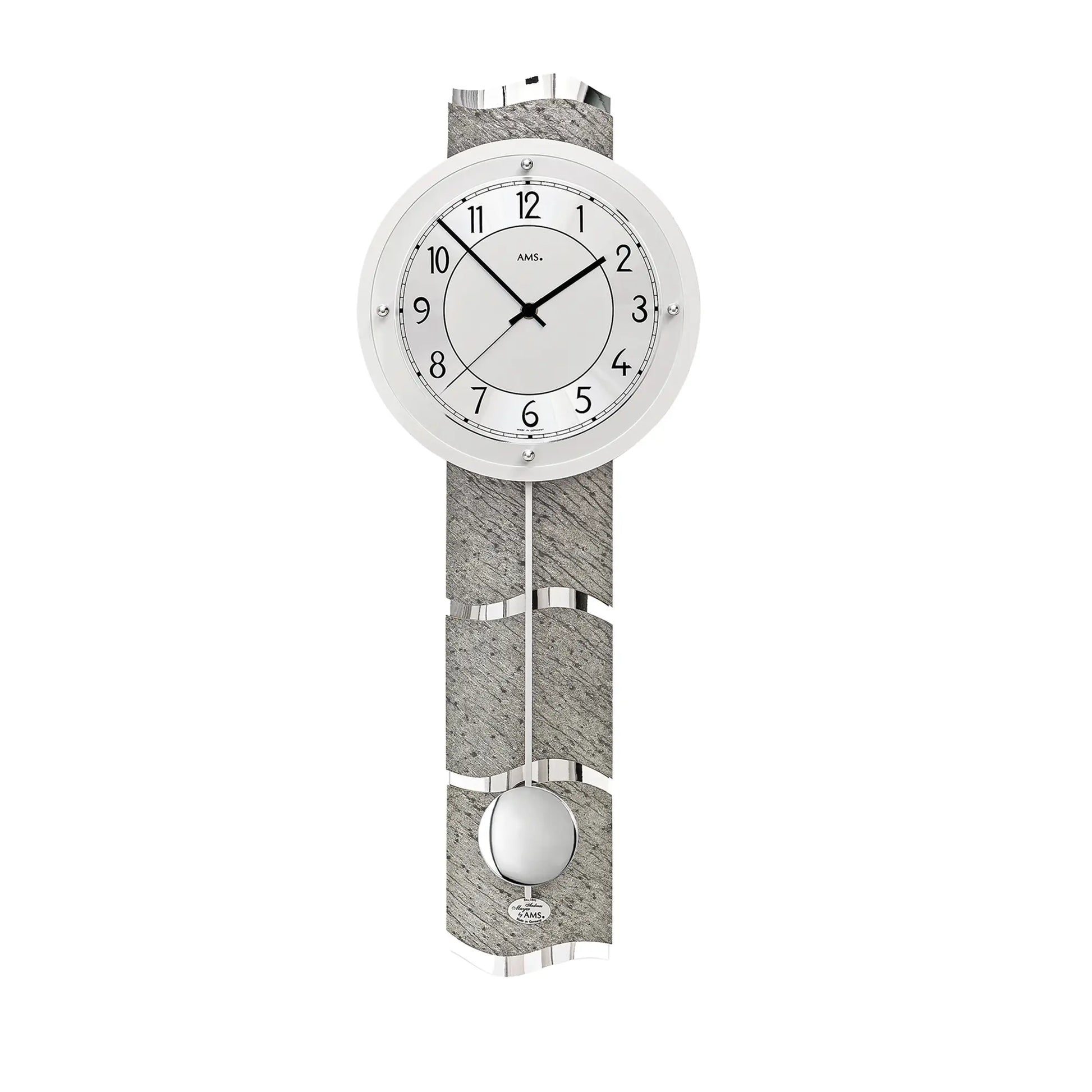 Pendel-Wanduhr mit rundem Zifferblatt und grauem Steinband, Pendel mit Kugel