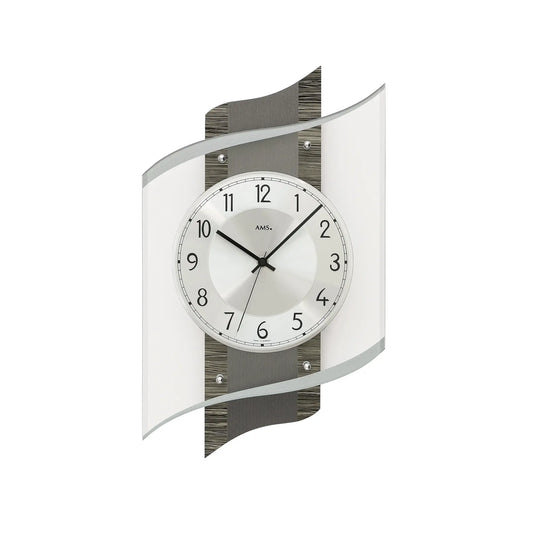 Wanduhr mit rundem Ziffernblatt, schwarzen Zeigern, Mineralglas und dunklem Holzdekor/Alu
