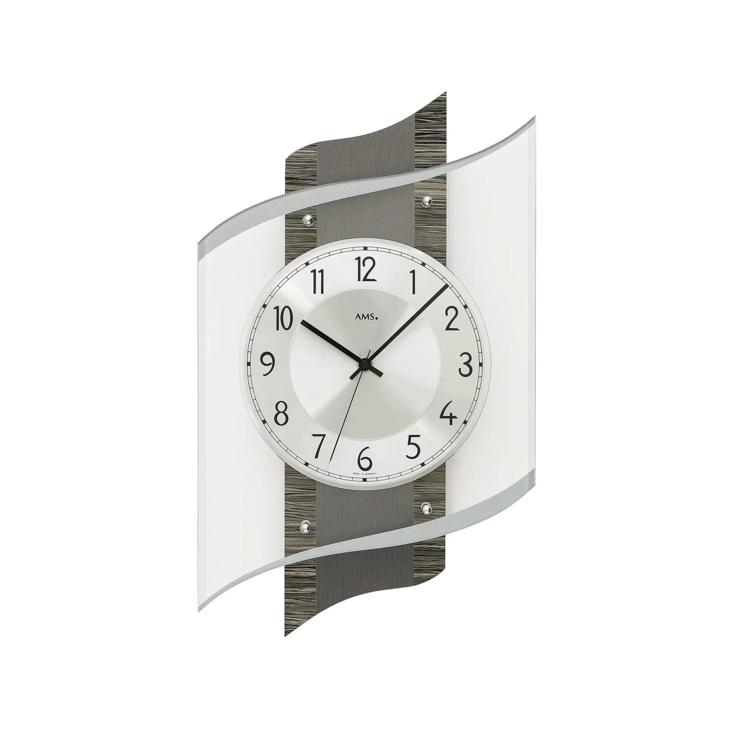 Wanduhr mit facettiertem Mineralglas und Aluminium-Zifferblatt, schwarze Zeiger