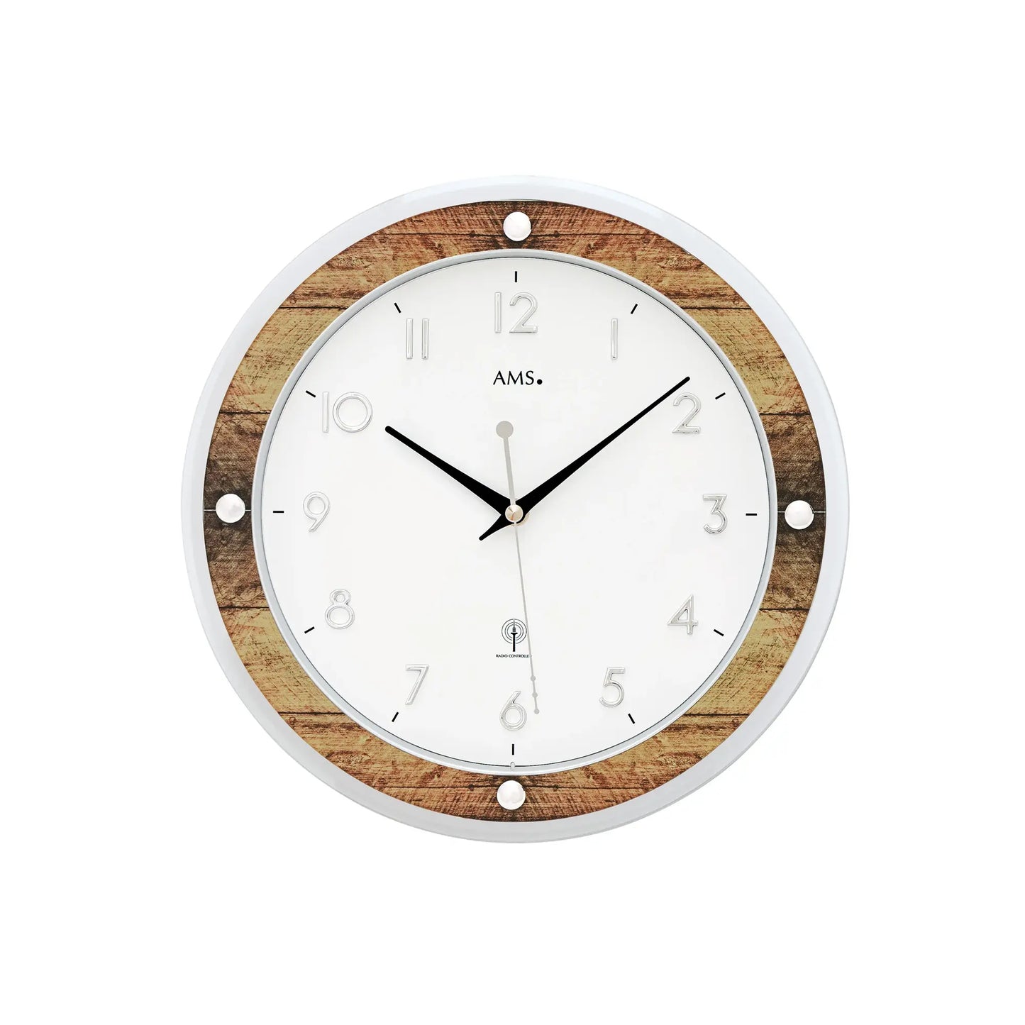 AMS Funkwerk Wanduhr: weißes Zifferblatt, schwarze Zeiger, brauner Holzrand und silberner Rahmen
