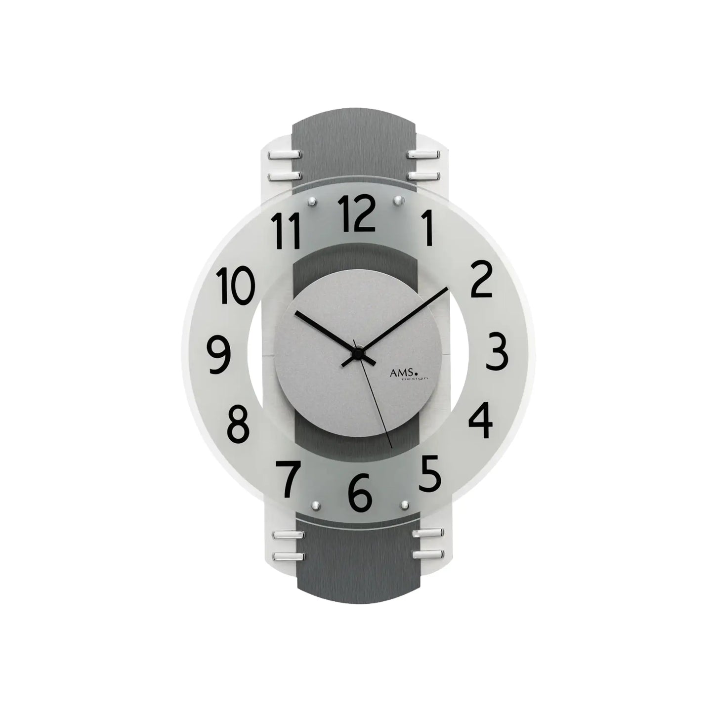 Wanduhr mit anthrazitfarbenem Ziffernblatt, weißem Rahmen und AMS-Uhrwerk