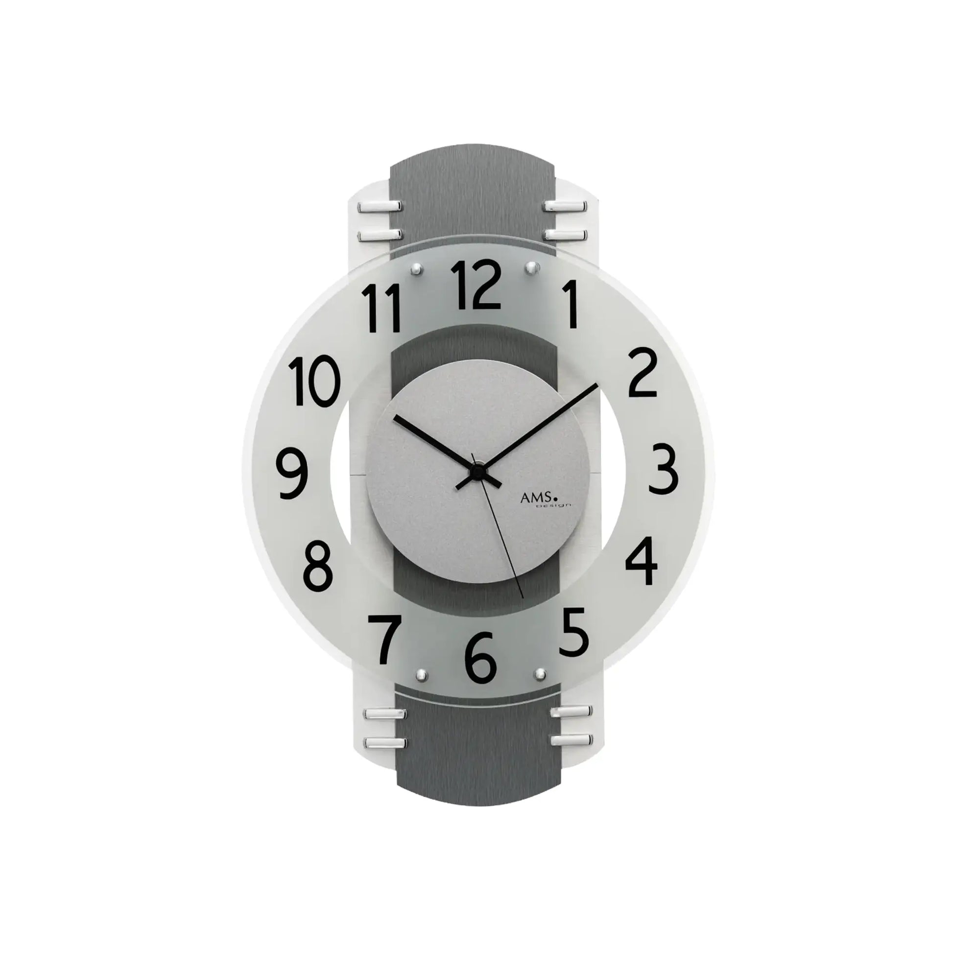 Wanduhr mit anthrazitfarbenem Ziffernblatt, weißem Rahmen und AMS-Uhrwerk
