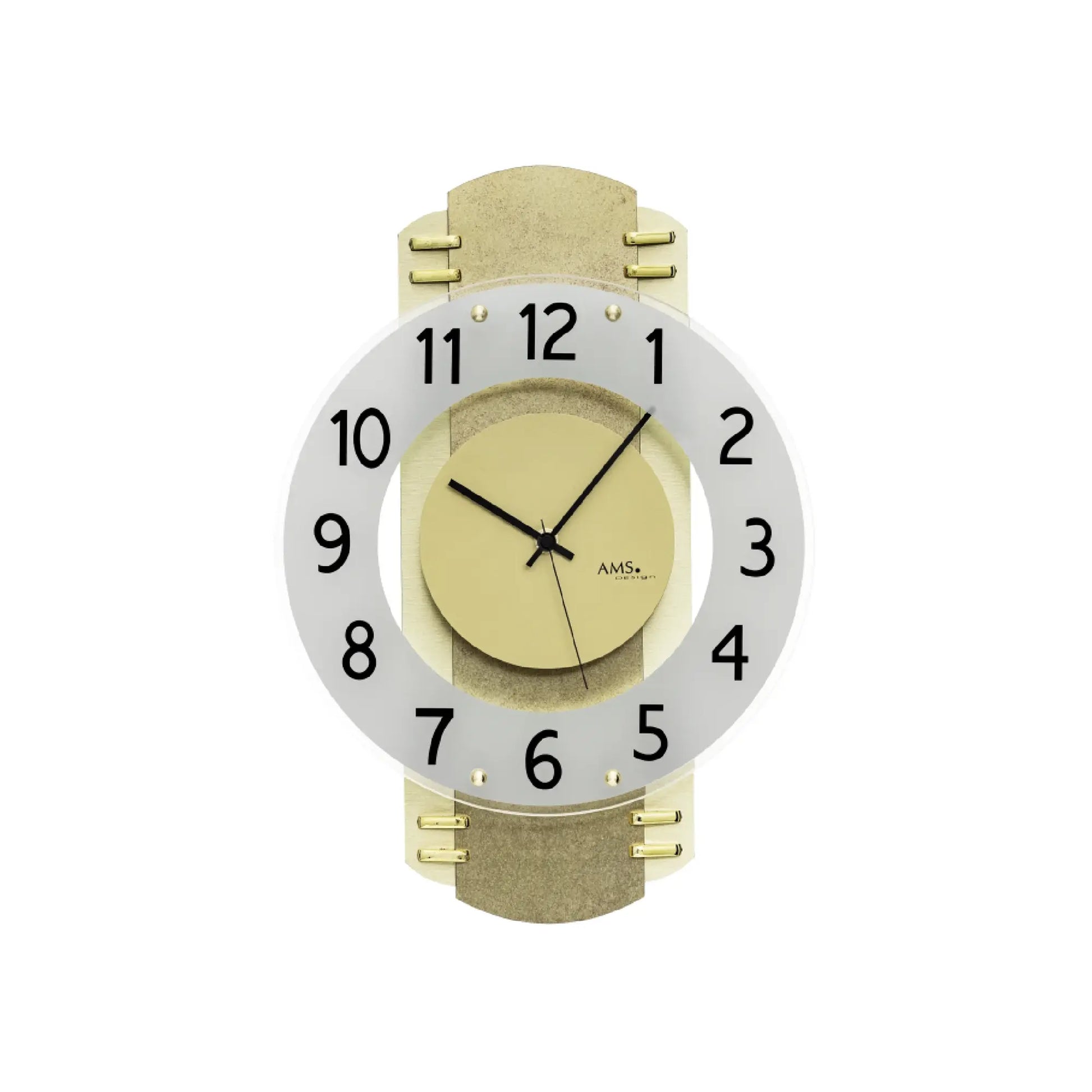 Funk-Wanduhr mit Holzgehäuse, Messingantik und satiniertem Mineralglas, römische Ziffern