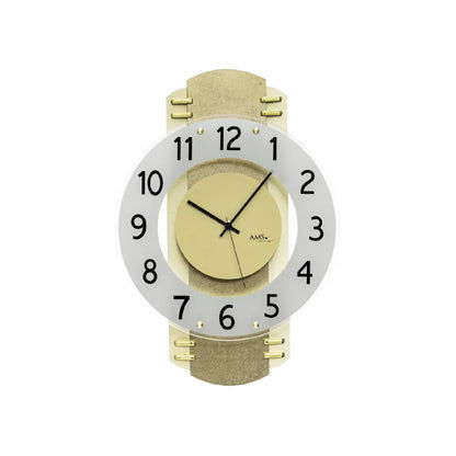 Funk-Wanduhr mit Holzgehäuse, Messingantik und satiniertem Mineralglas, römische Ziffern