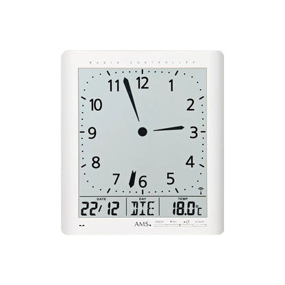 Weiße Funk-Wanduhr als Wand- oder Standuhr, mit analogem und digitalem Display.