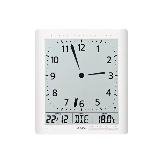 Weiße Funk-Wanduhr als Wand- oder Standuhr, mit analogem und digitalem Display.
