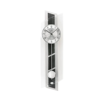 Wanduhr mit Aluminium-Zifferblatt und Pendelwerk am Naturschiefer, Pendelkugel unten
