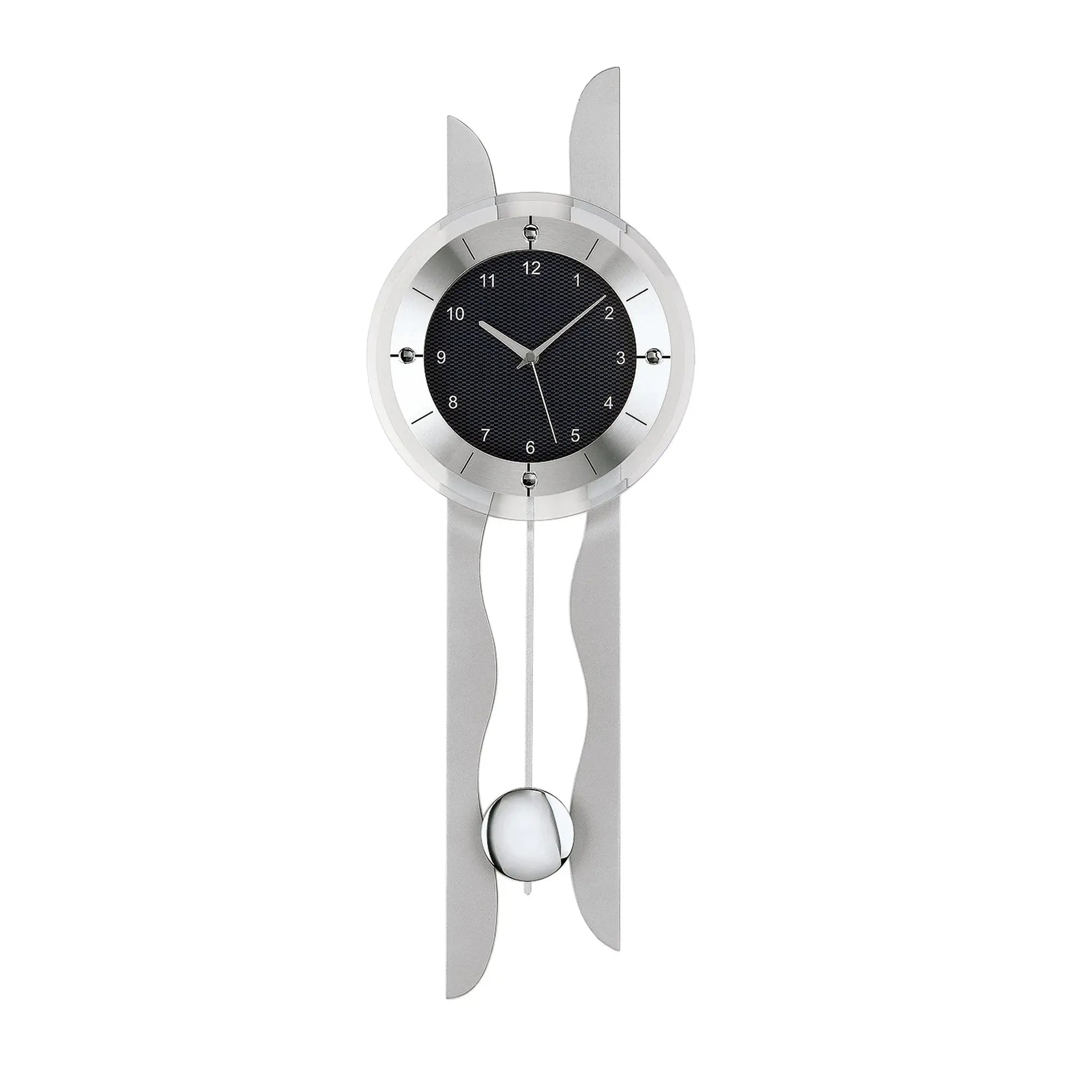 Wanduhr mit silbernem Funkpendelwerk, rundem Zifferblatt mit Zeigern und Pendelgewichten