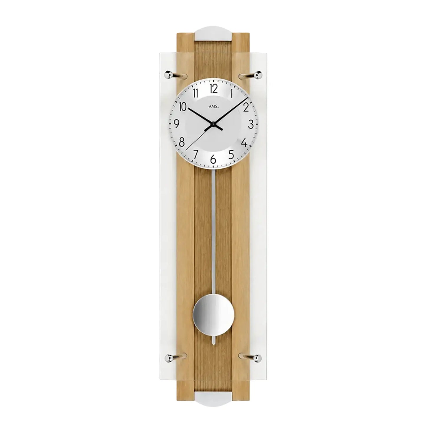 Pendel-Wanduhr mit rundem Zifferblatt, Buchenholzleisten und weißem Pendel unten