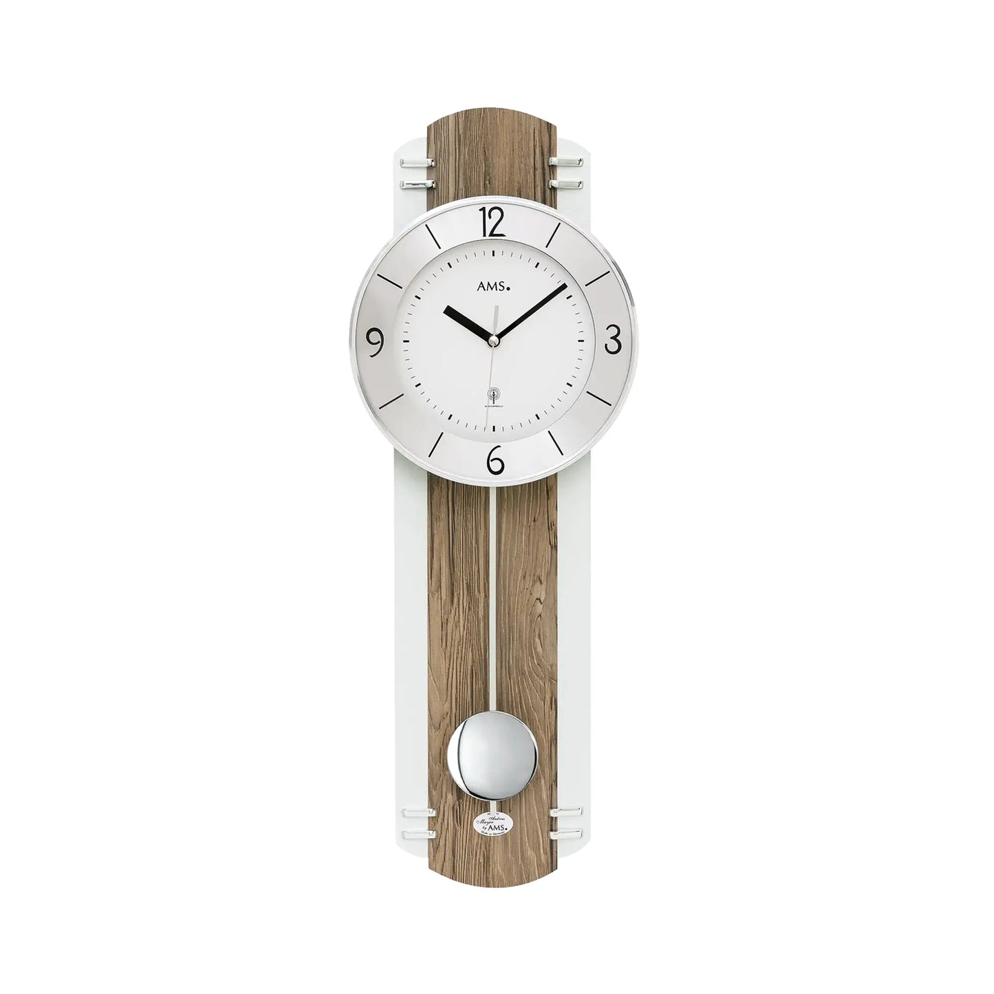 Pendel-Wanduhr mit rundem Ziffernblatt im Holzgehäuse, Metallhalter und Pendel