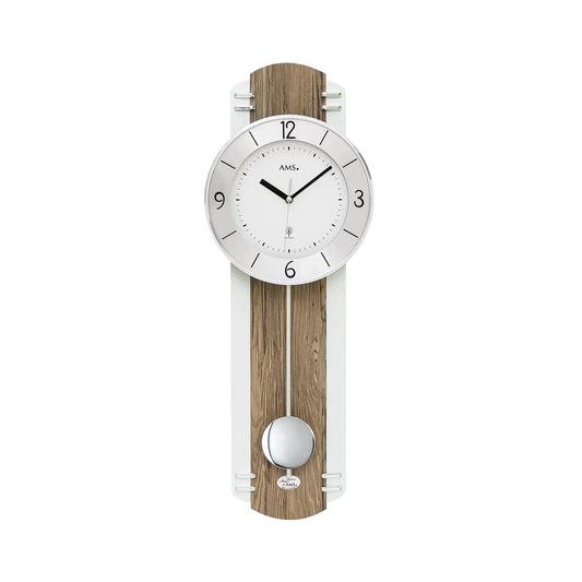 Pendel-Wanduhr mit rundem Ziffernblatt im Holzgehäuse, Metallhalter und Pendel