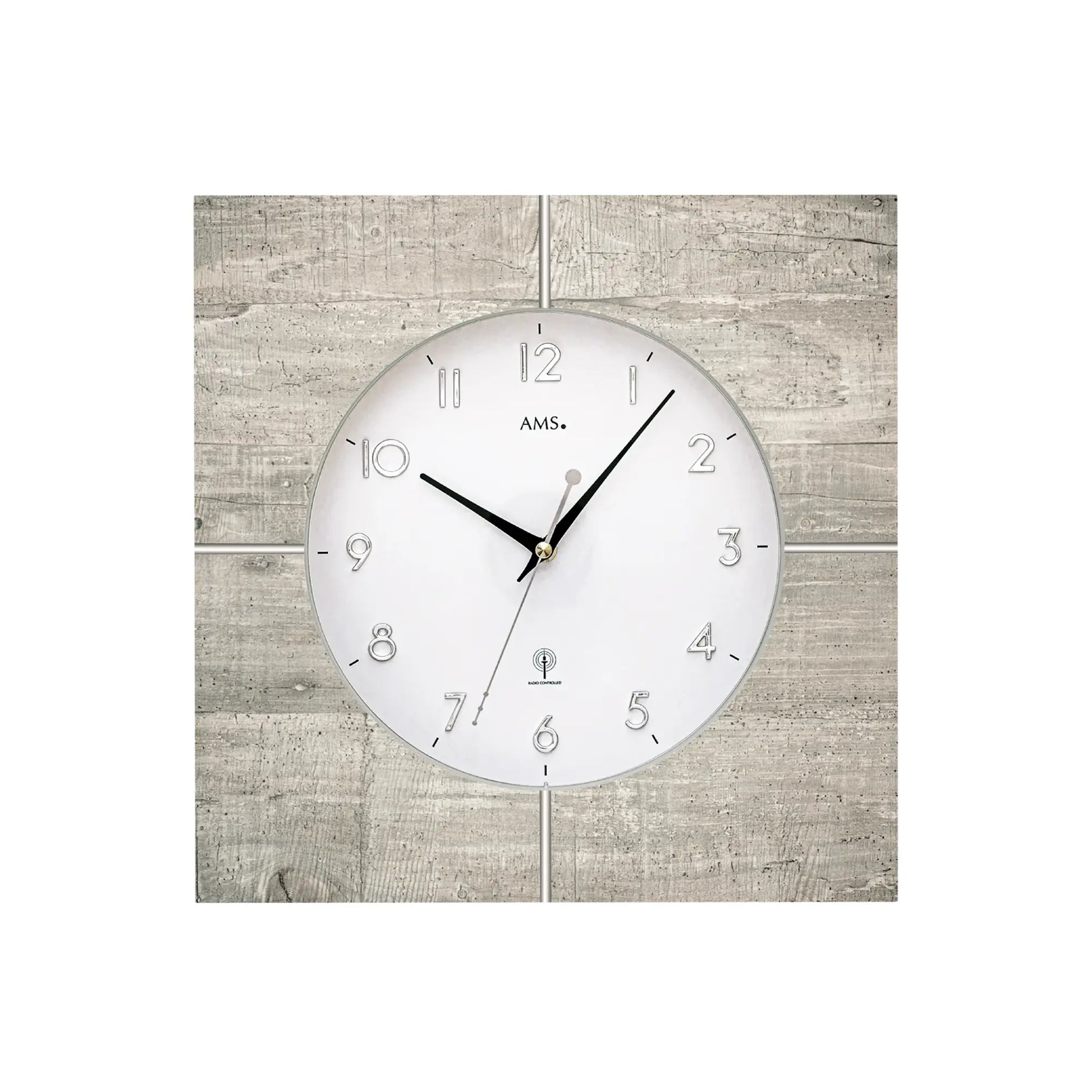 Wanduhr: rundes weißes Zifferblatt, schwarze Zeiger, Betonstruktur-Rahmen, Mineralglas