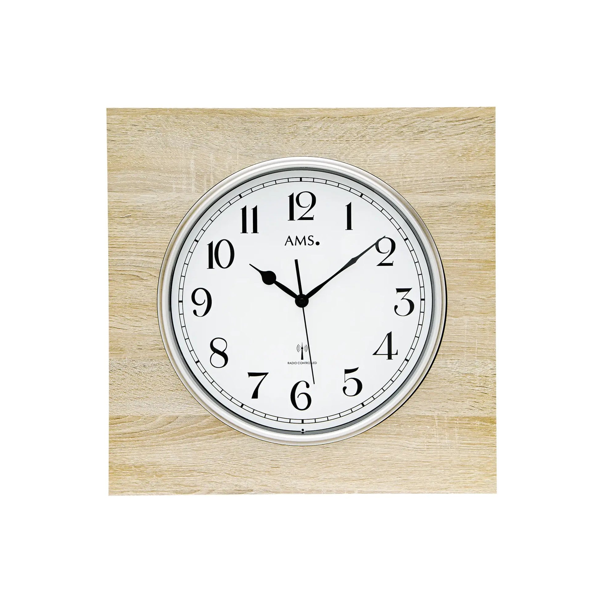 Funk-Wanduhr mit Holzrahmen Sonoma, rundem Zifferblatt, Mineralglas und silberner Umrandung