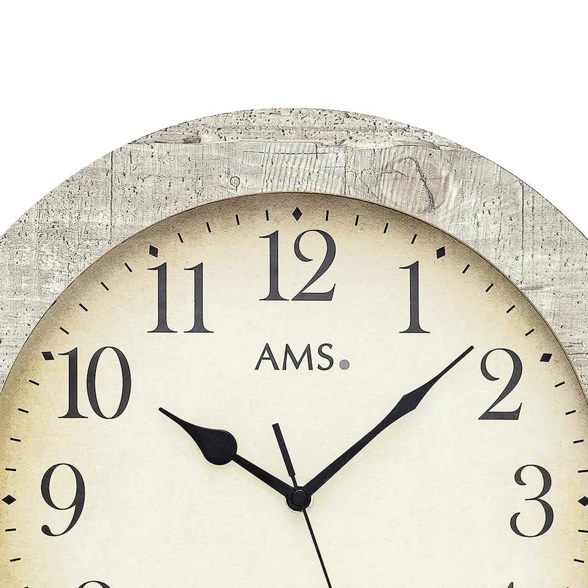 AMS Funk-Wanduhr mit beigem Zifferblatt, schwarzen Zeigern und grauem Holzrahmen