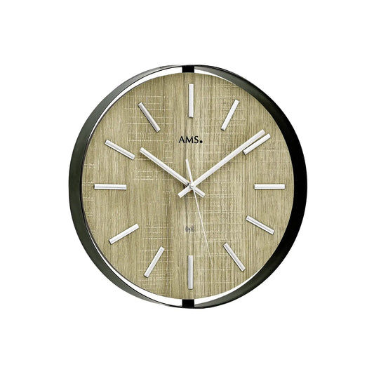 AMS Funk-Wanduhr rund mit gold-beigem Ziffernblatt, silbernen Balkenindizes und Uhrwerk