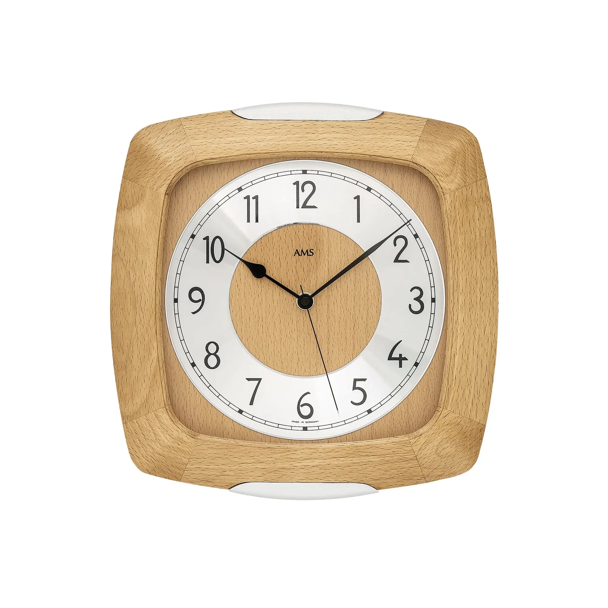Funk-Wanduhr mit Holzrahmen und Mineralglas-Front, rundes Zifferblatt mit AMS-Logo