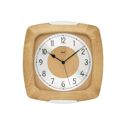 Funk-Wanduhr mit Holzrahmen und Mineralglas-Front, rundes Zifferblatt mit AMS-Logo