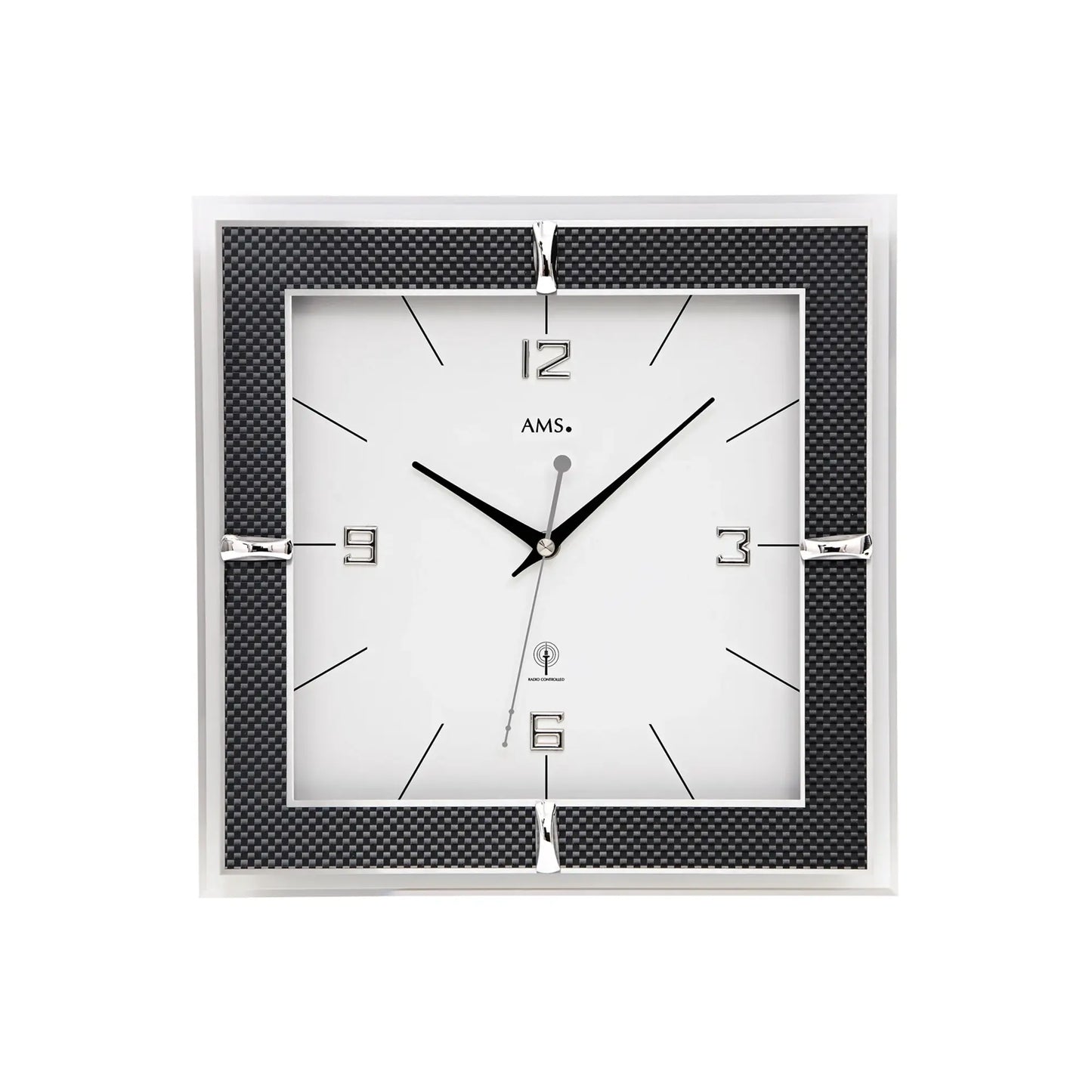 Funk-Wanduhr im quadratischen schwarzen Carbonrahmen mit Glas und Zeigern