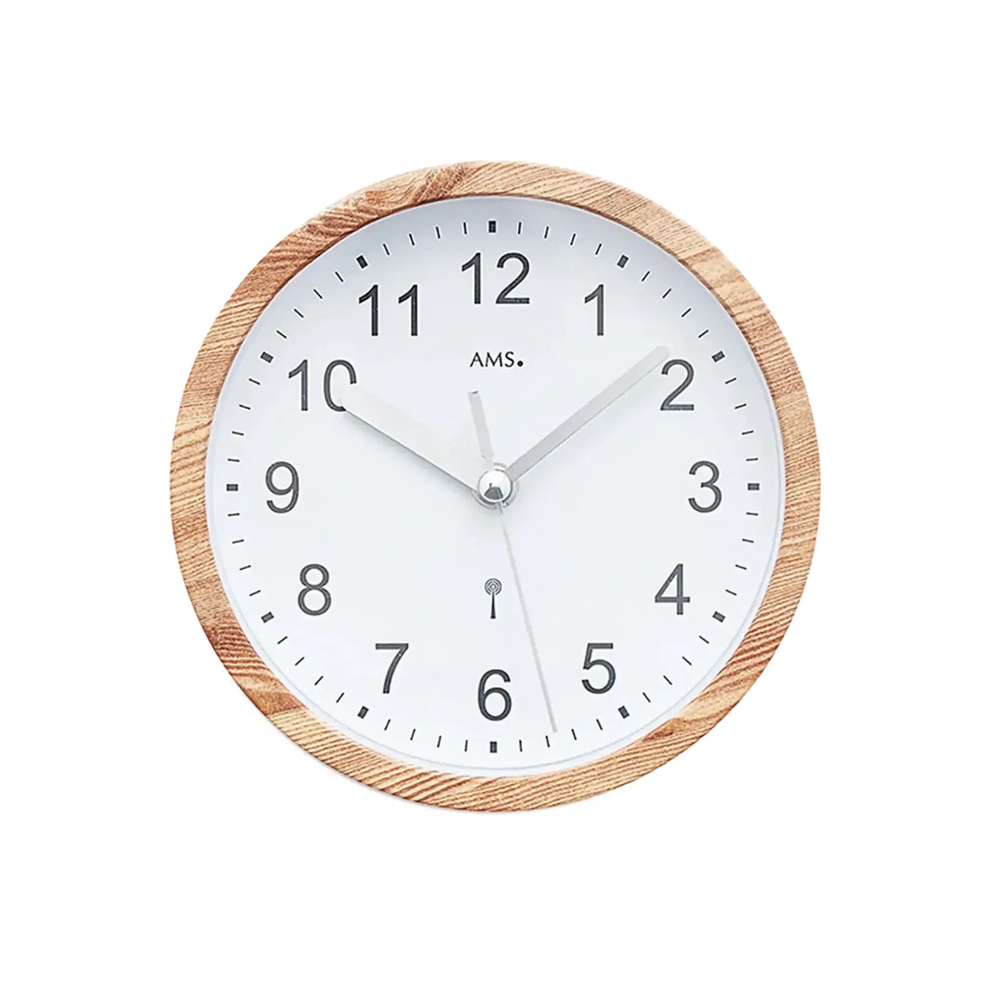 Runde Wanduhr mit Holzoptik-Rahmen, weißem Zifferblatt und schwarzen Zahlen