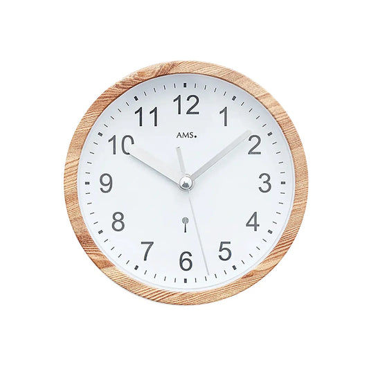 Runde Wanduhr mit Holzoptik-Rahmen, weißem Zifferblatt und schwarzen Zahlen