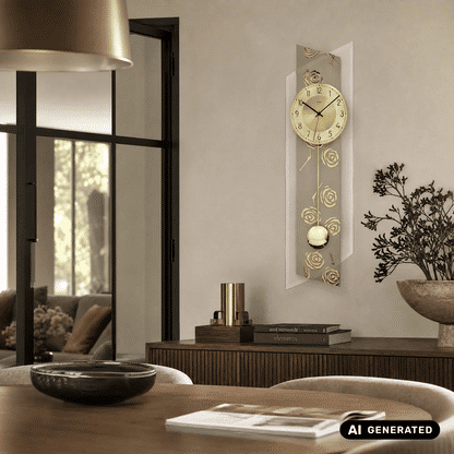 Wanduhr im Mineralglas mit goldenen Rosenapplikationen und Pendel