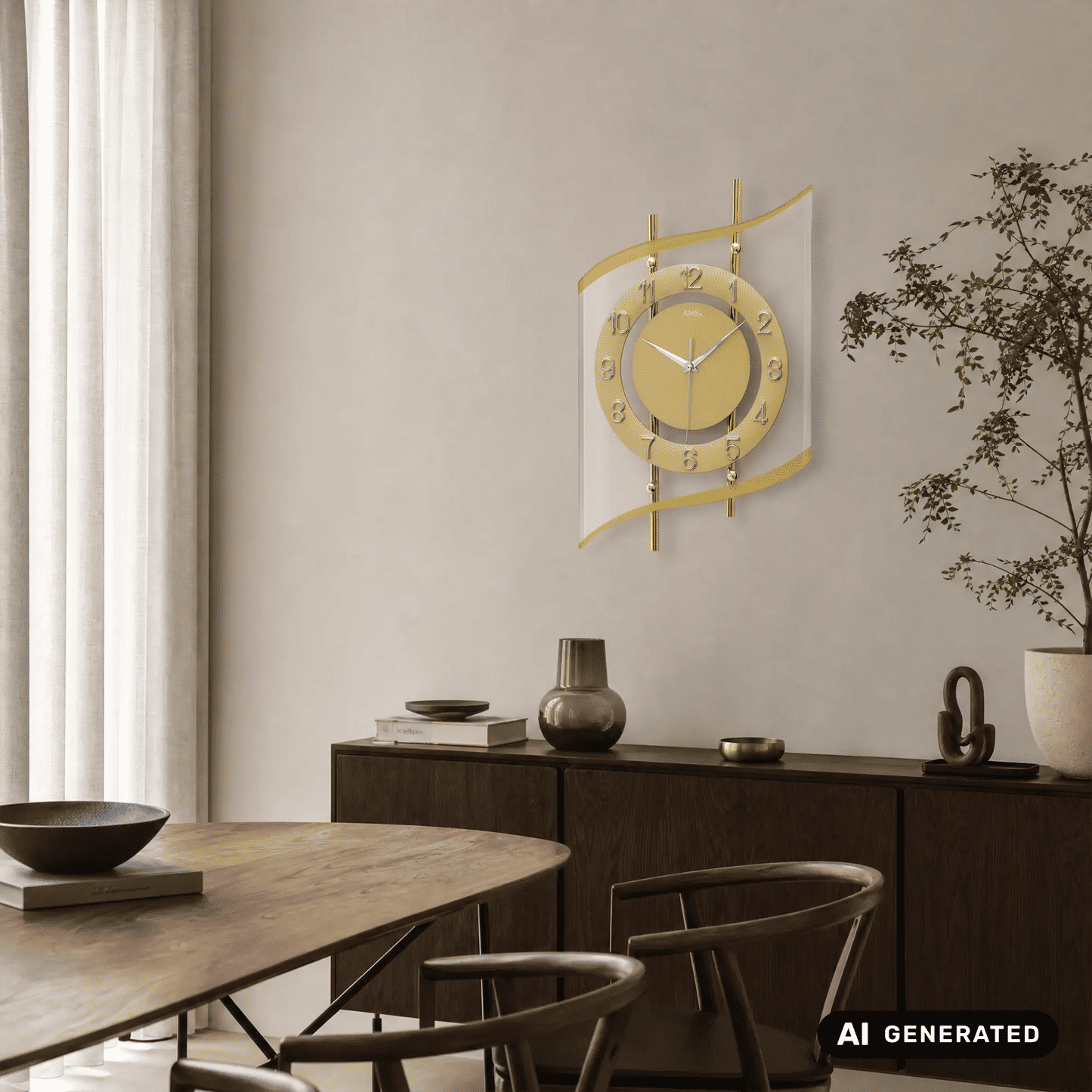 Funk-Wanduhr in Gold mit Ziffernring, Zeigern und Mineralglas