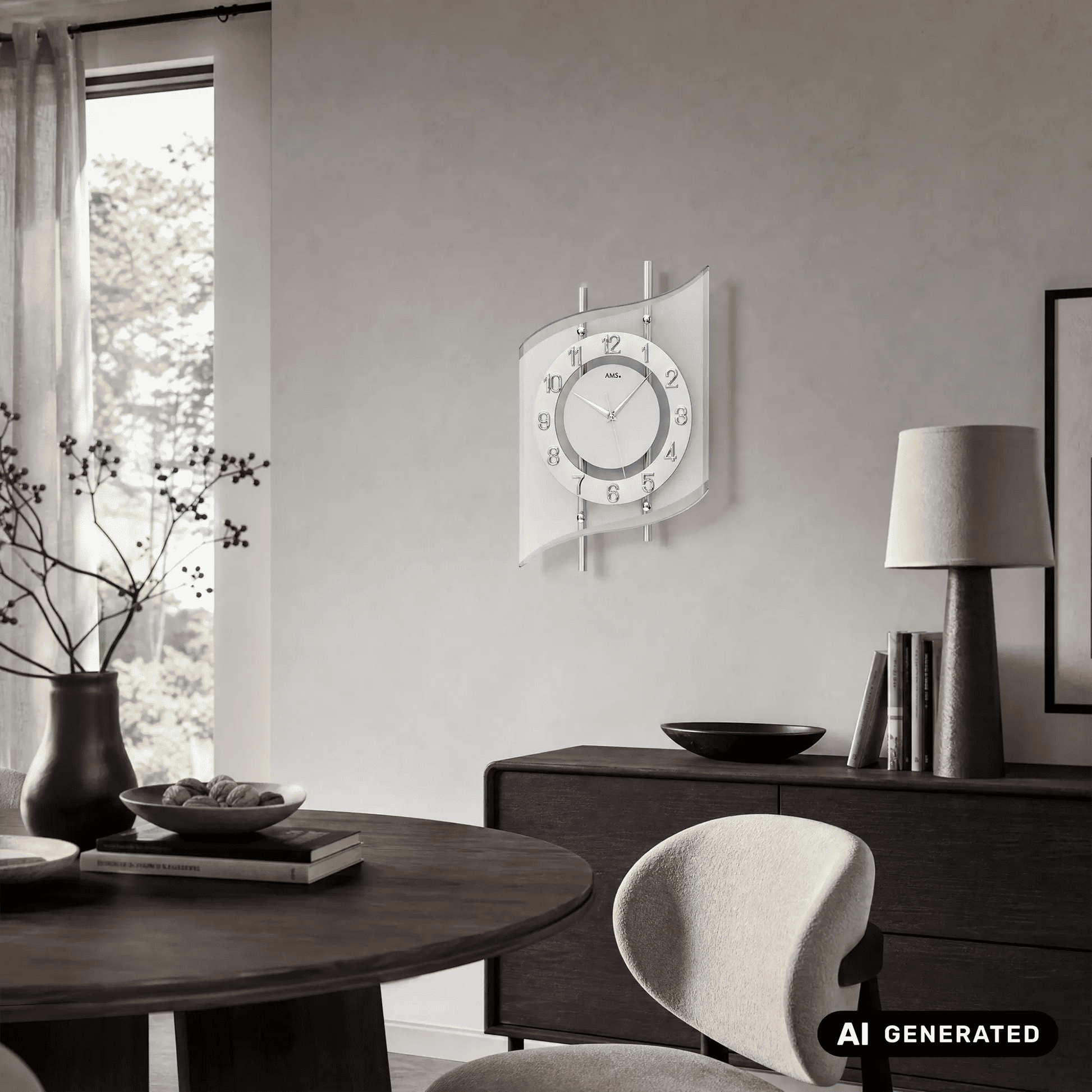 Silberne Funk-Wanduhr an der Wand mit facettiertem Glasrahmen, analogem Ziffernblatt.