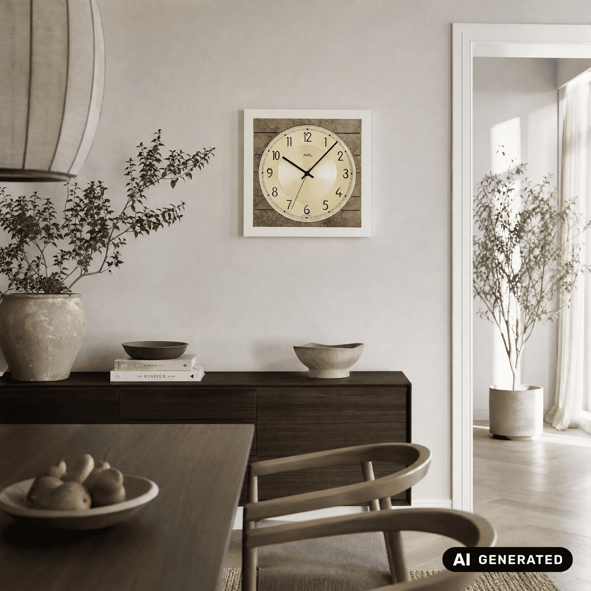 Wanduhr an der Wand, rundes Zifferblatt mit schwarzen Zeigern und römischen Zahlen, Holzrahmen