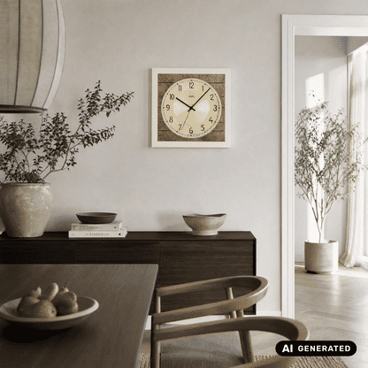 Wanduhr an der Wand, rundes Zifferblatt mit schwarzen Zeigern und römischen Zahlen, Holzrahmen
